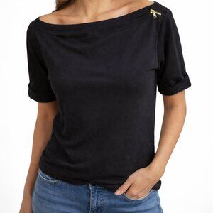Segments elevated basic jersey tee, 100% cotton, shoulder gold zipper